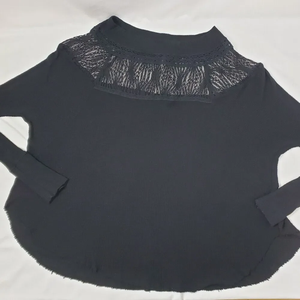 Free People Top M Spring Valley Thermal Black Lace Waffle Knit Womens Shirt